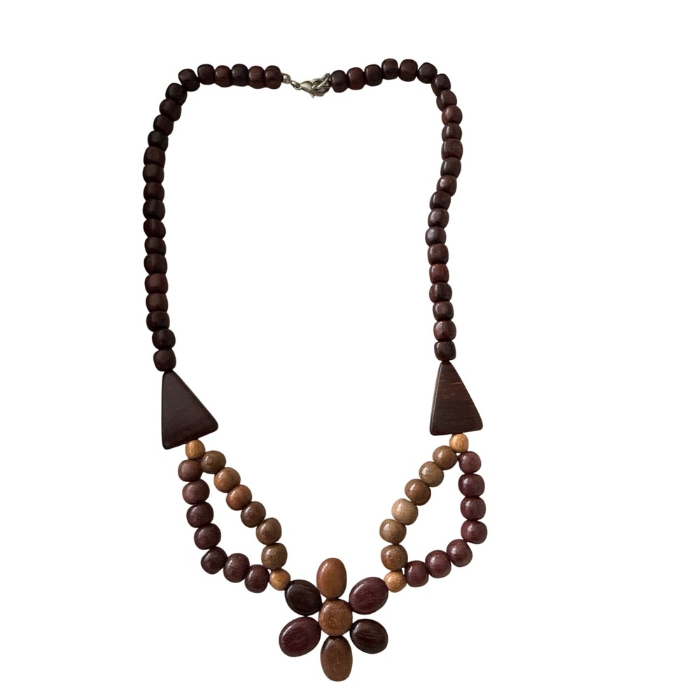 Vintage Brown Wooden Bead Floral Statement Necklace Boho Earthy Bib Jewelry